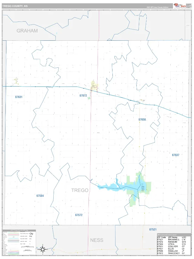 Trego County, KS ZIP Code Wall Map, Classic style