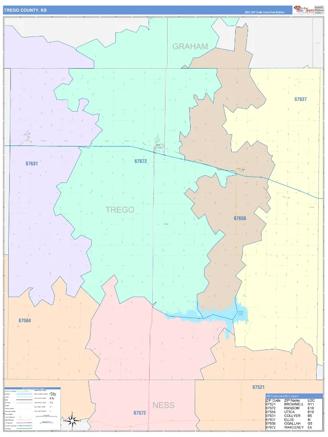Trego County, KS ZIP Code Wall Map, ColorCast style