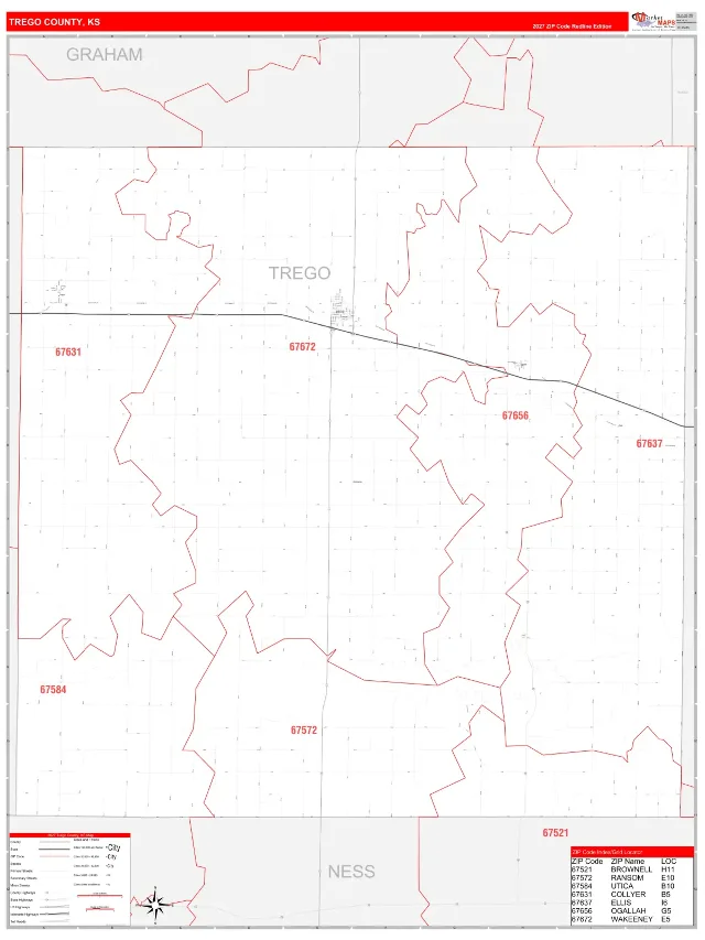Trego County, KS ZIP Code Wall Map, RedLine style