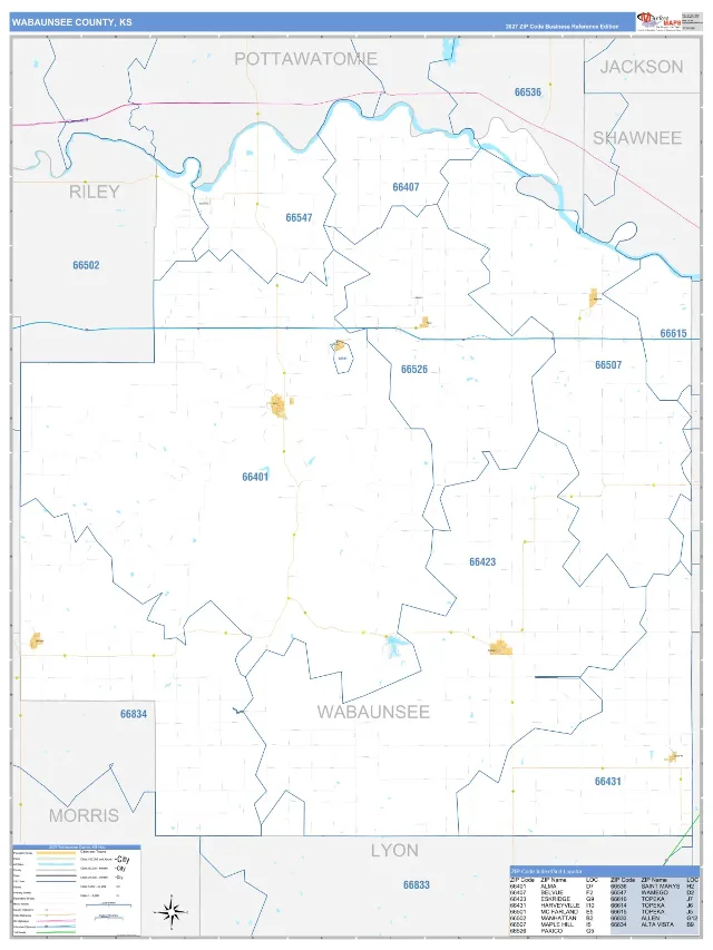 Wabaunsee County, KS ZIP Code Wall Map, Business Reference style