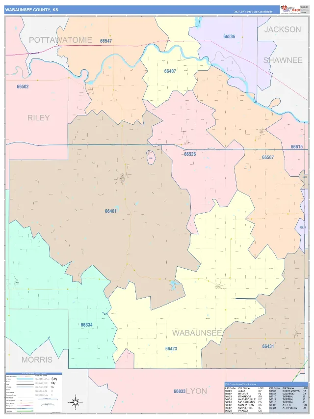 Wabaunsee County, KS ZIP Code Wall Map, ColorCast style