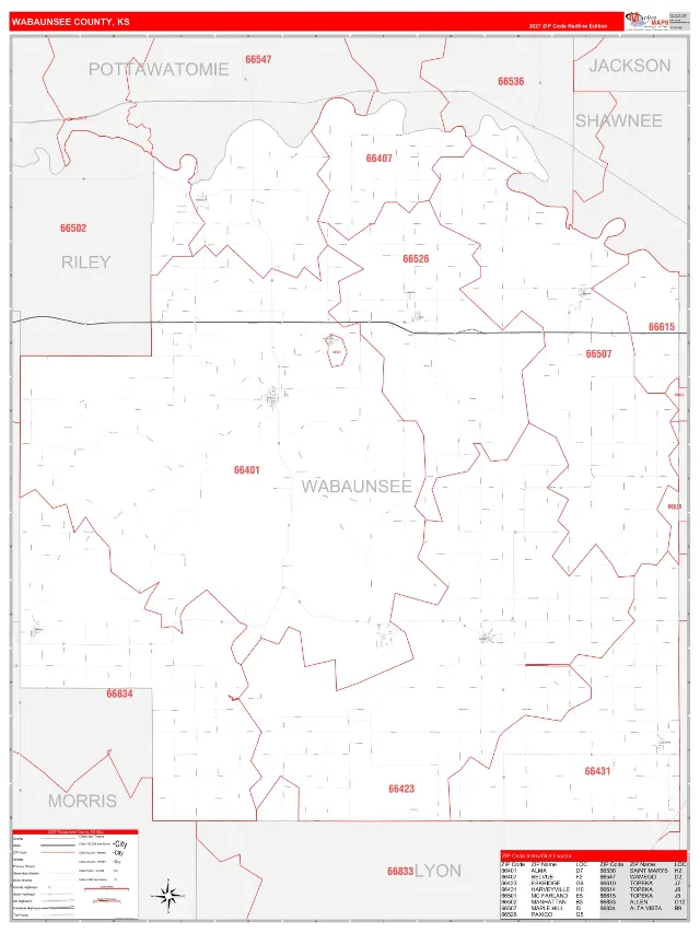Wabaunsee County, KS ZIP Code Wall Map, RedLine style