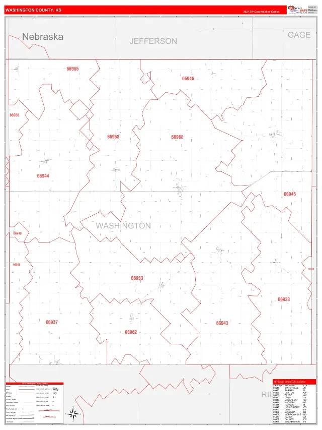 Washington County, KS ZIP Code Wall Map, RedLine style