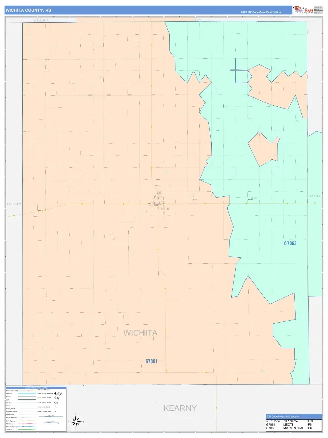 Wichita County, KS ZIP Code Wall Map, ColorCast style