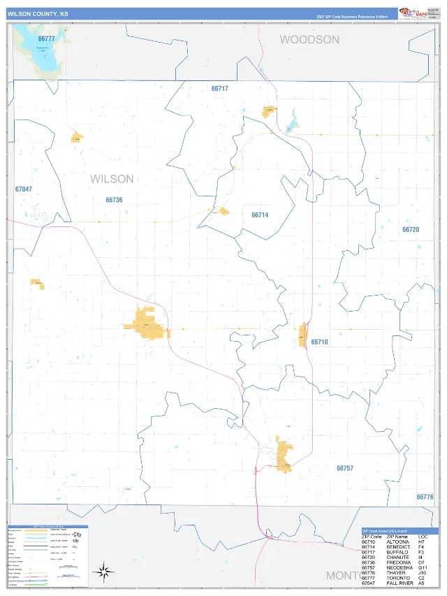 Wilson County, KS ZIP Code Wall Map, Business Reference style