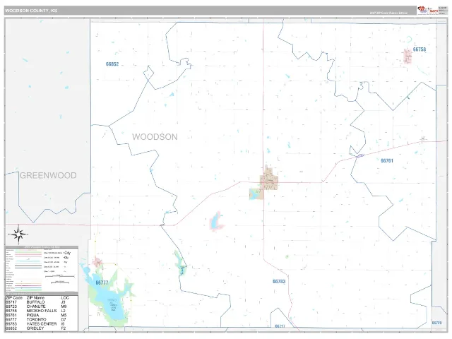 Woodson County, KS ZIP Code Wall Map, Classic style