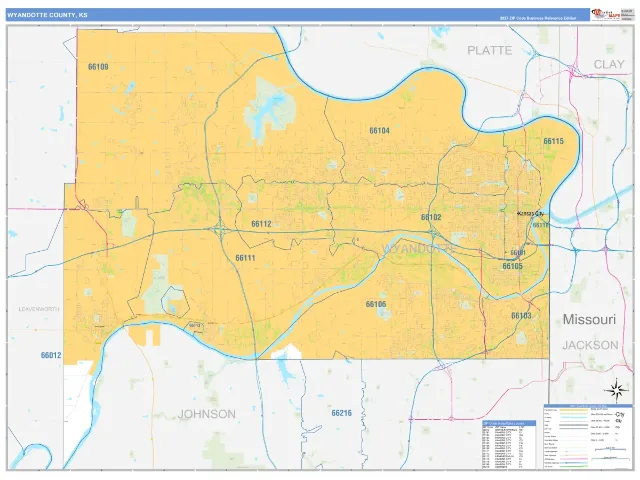 Wyandotte County, KS ZIP Code Wall Map, Business Reference style