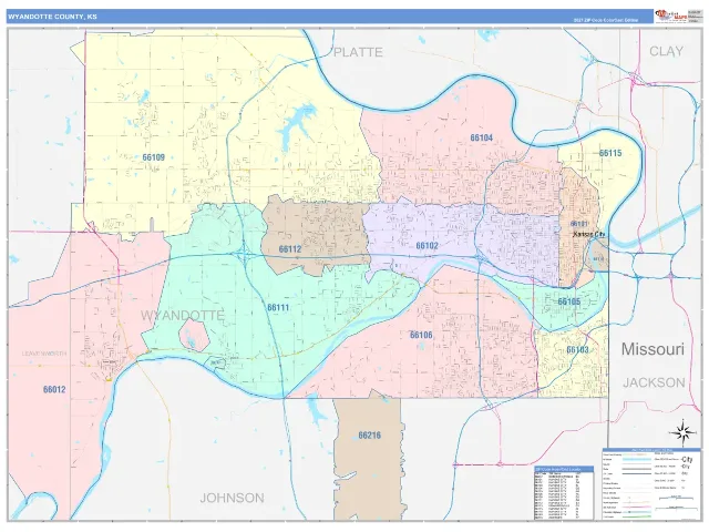 Wyandotte County, KS ZIP Code Wall Map, ColorCast style