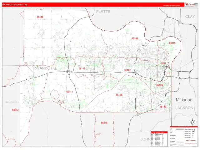 Wyandotte County, KS ZIP Code Wall Map, RedLine style