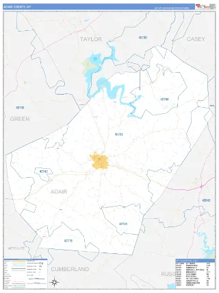 Adair County, KY Business Reference style ZIP Code wall map
