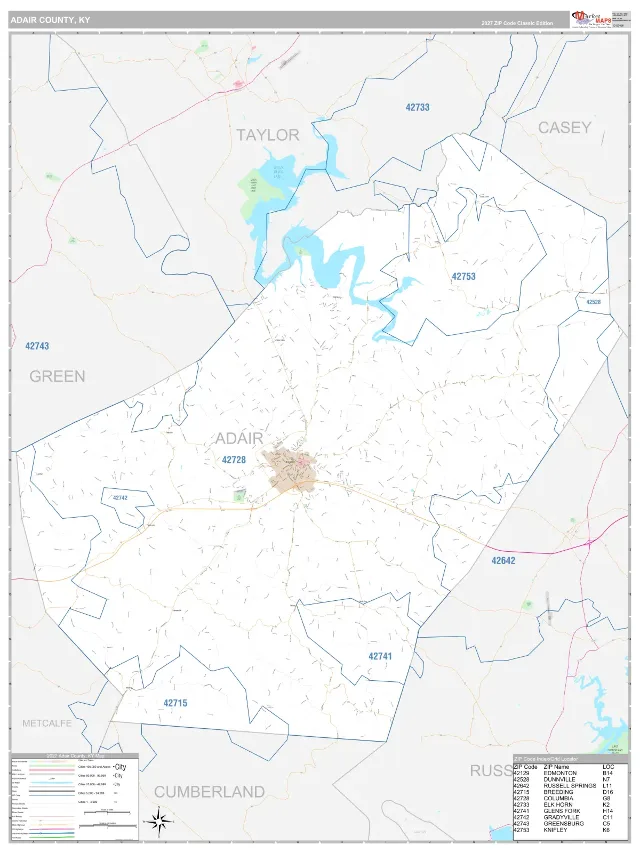 Adair County, KY ZIP Code Wall Map, Classic style
