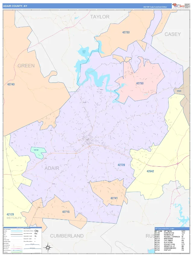 Adair County, KY ZIP Code Wall Map, ColorCast style