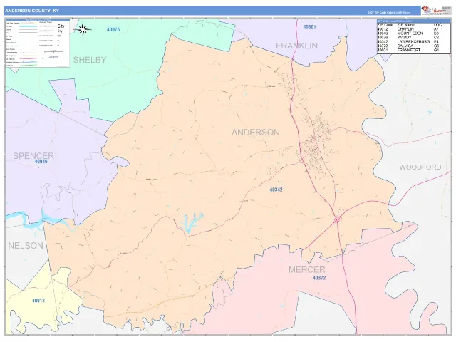 Anderson County, KY ZIP Code Wall Map, ColorCast style
