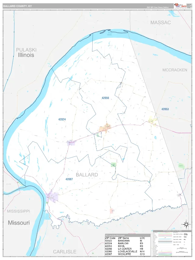 Ballard County, KY ZIP Code Wall Map, Classic style