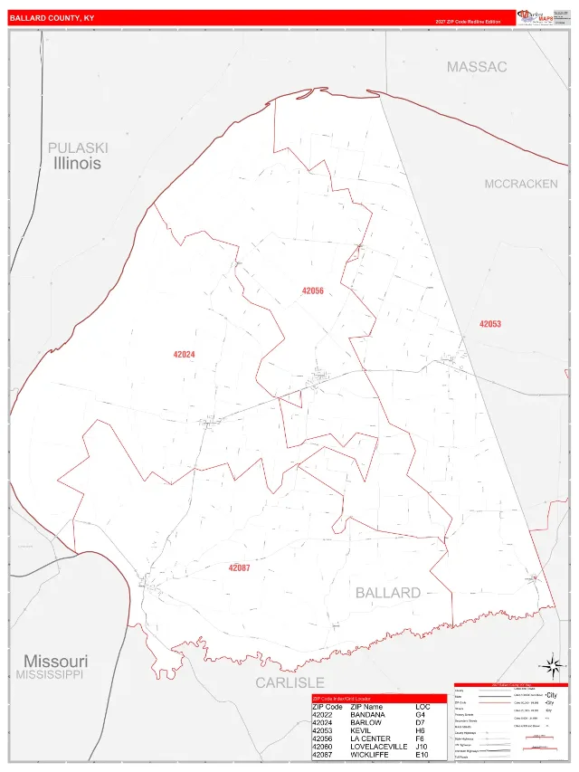 Ballard County, KY ZIP Code Wall Map, RedLine style
