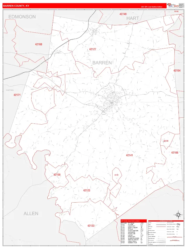 Barren County, KY ZIP Code Wall Map, RedLine style