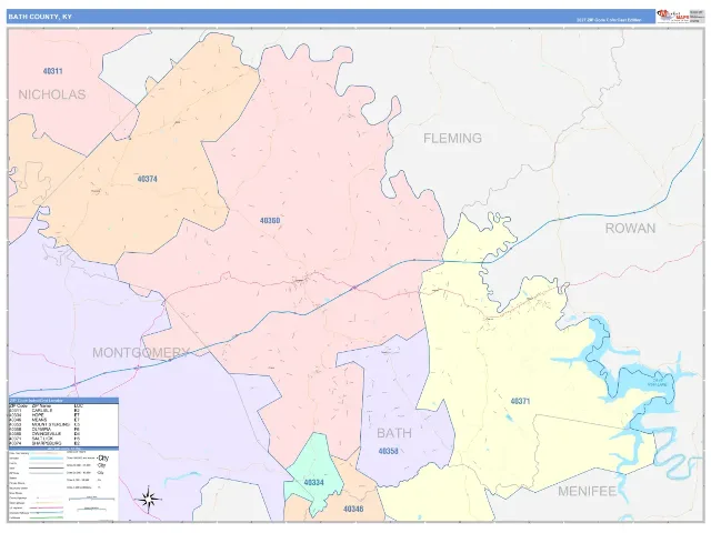 Bath County, KY ZIP Code Wall Map, ColorCast style
