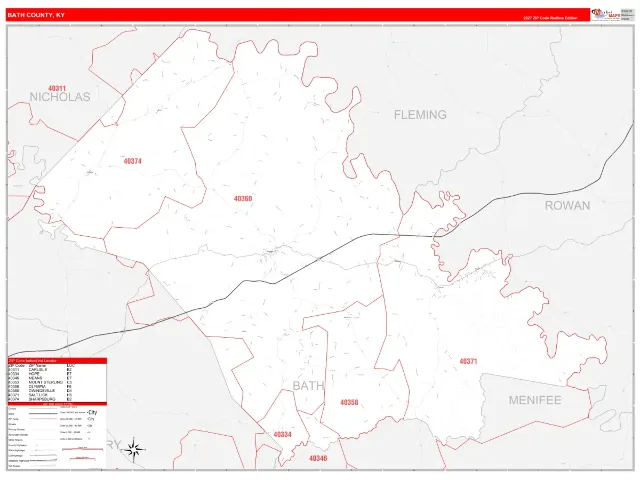 Bath County, KY ZIP Code Wall Map, RedLine style
