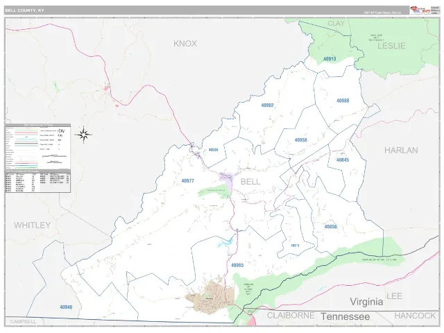 Bell County, KY ZIP Code Wall Map, Classic style