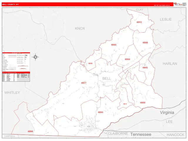 Bell County, KY ZIP Code Wall Map, RedLine style