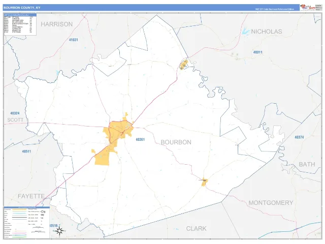 Bourbon County, KY ZIP Code Wall Map, Business Reference style