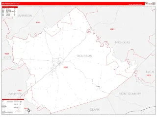 Bourbon County, KY RedLine style ZIP Code wall map
