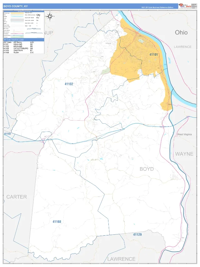 Boyd County, KY ZIP Code Wall Map, Business Reference style