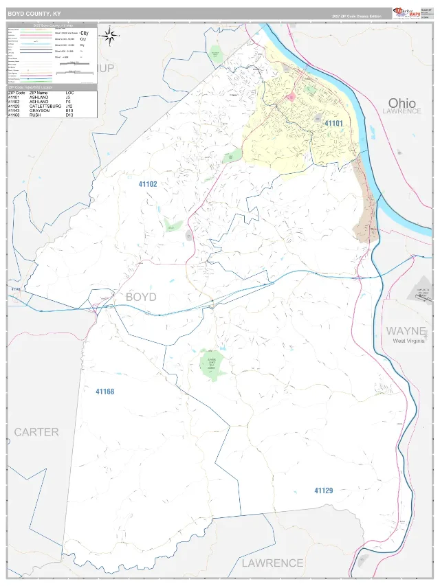 Boyd County, KY ZIP Code Wall Map, Classic style