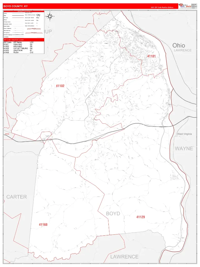 Boyd County, KY ZIP Code Wall Map, RedLine style