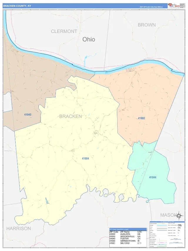 Bracken County, KY ZIP Code Wall Map, ColorCast style