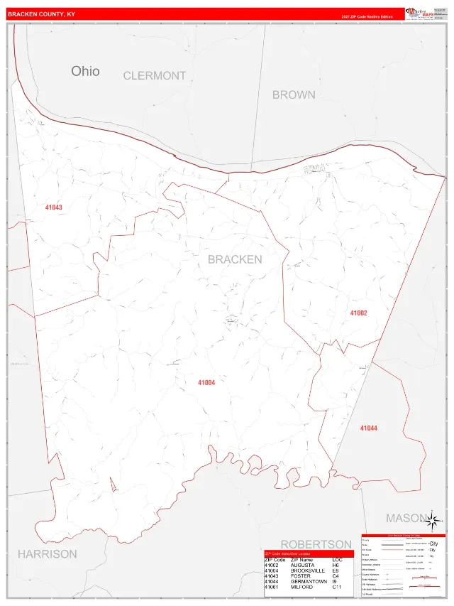 Bracken County, KY ZIP Code Wall Map, RedLine style