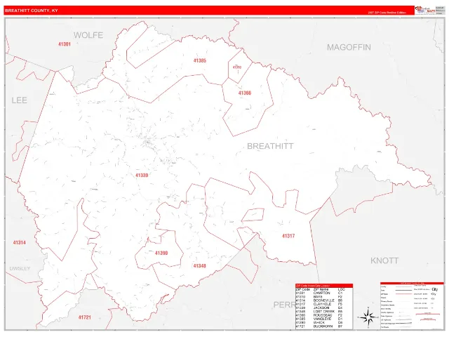 Breathitt County, KY ZIP Code Wall Map, RedLine style