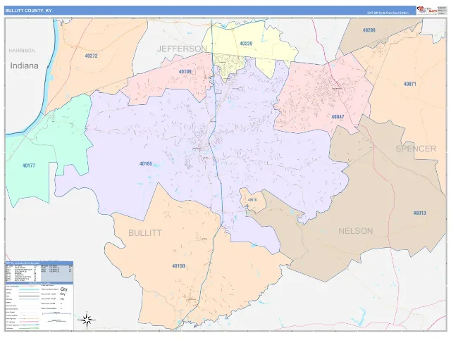 Bullitt County, KY ZIP Code Wall Map, ColorCast style