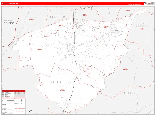 Bullitt County, KY ZIP Code Wall Map, RedLine style