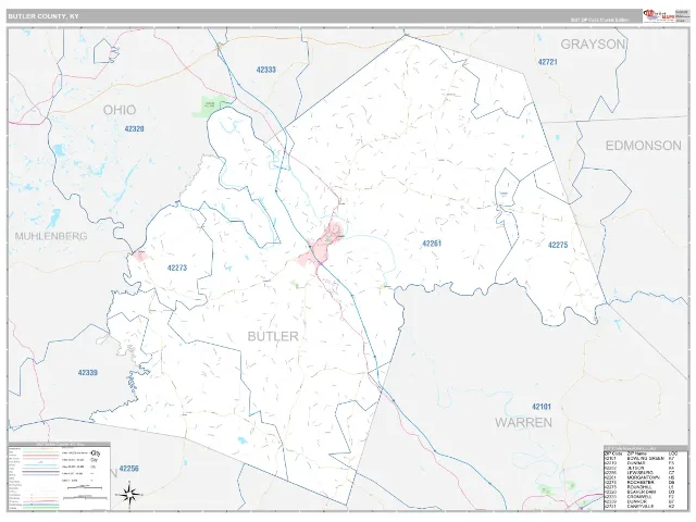 Butler County, KY ZIP Code Wall Map, Classic style