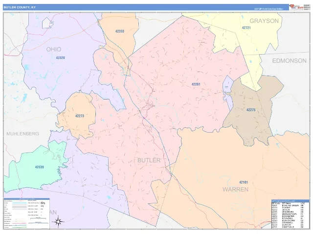Butler County, KY ZIP Code Wall Map, ColorCast style