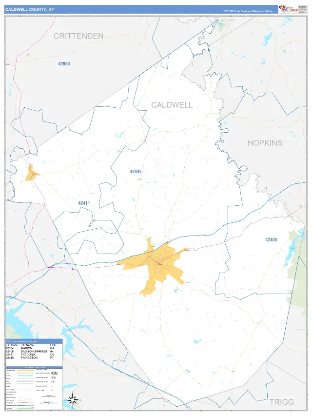 Caldwell County, KY ZIP Code Wall Map, Business Reference style