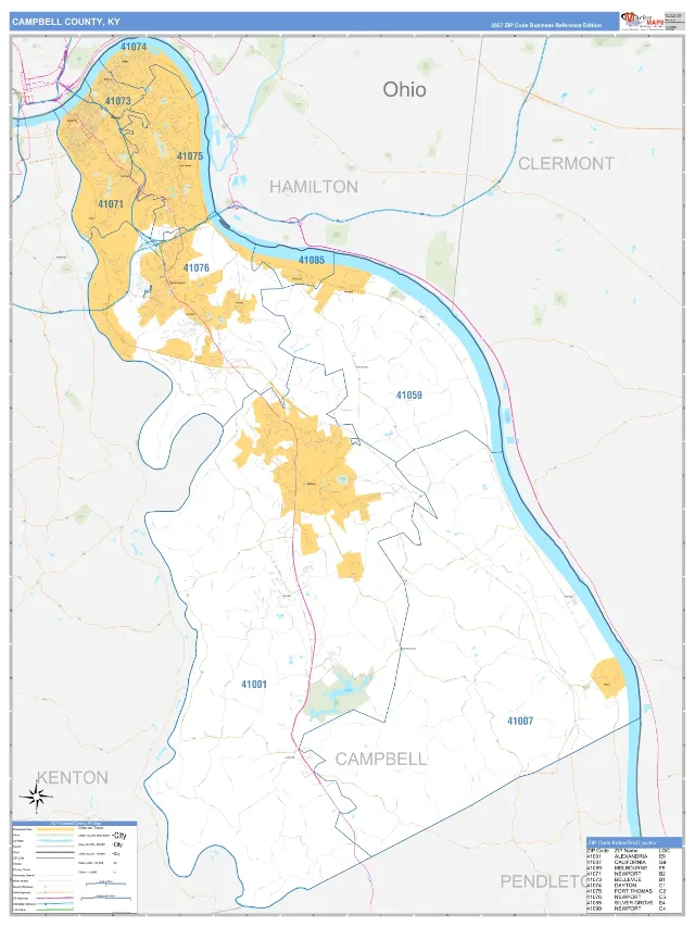 Campbell County, KY ZIP Code Wall Map, Business Reference style