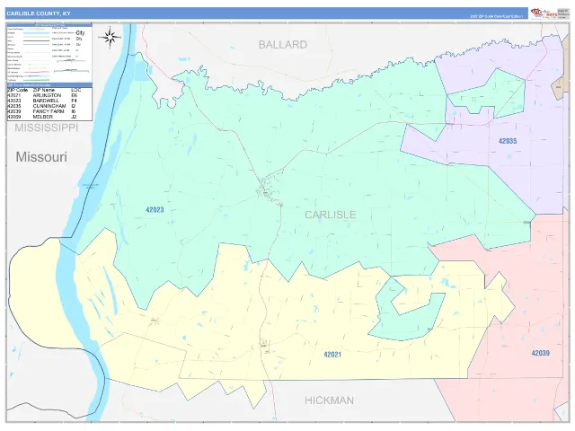 Carlisle County, KY ZIP Code Wall Map, ColorCast style