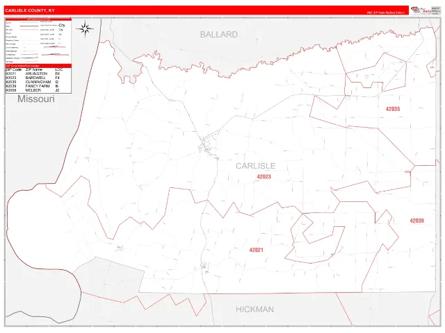 Carlisle County, KY ZIP Code Wall Map, RedLine style