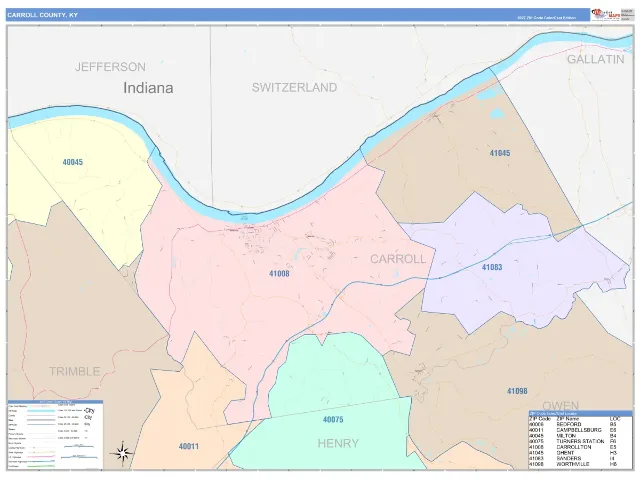 Carroll County, KY ZIP Code Wall Map, ColorCast style