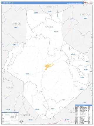 Casey County, KY Business Reference style ZIP Code wall map