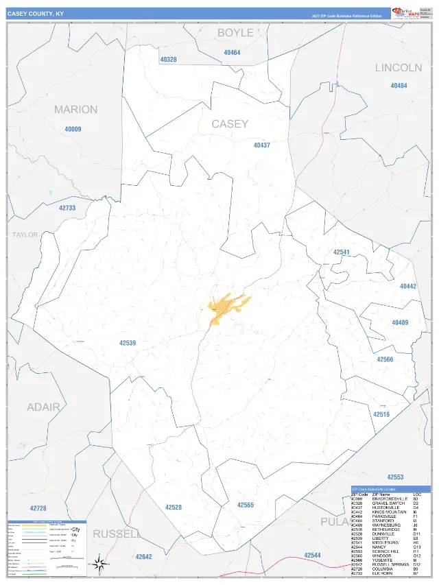 Casey County, KY ZIP Code Wall Map, Business Reference style