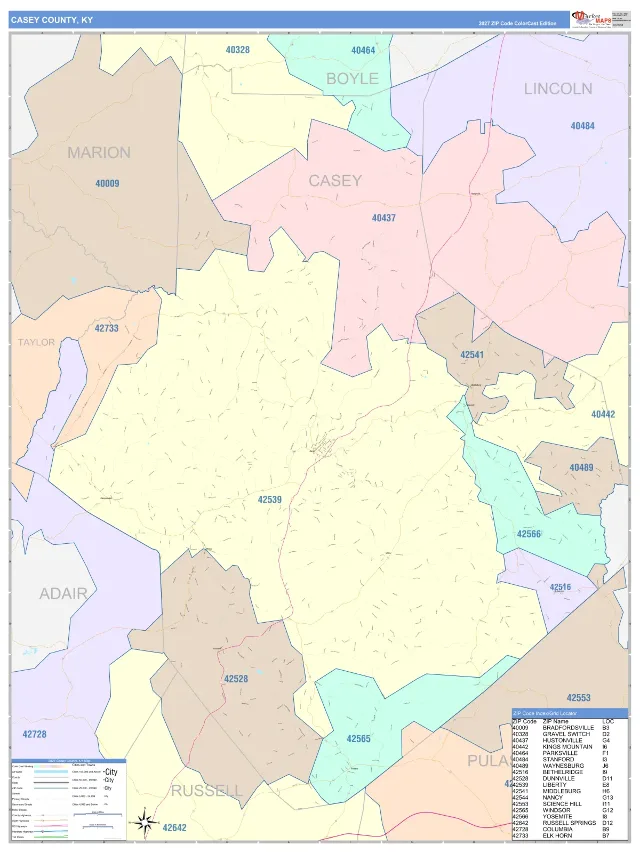 Casey County, KY ZIP Code Wall Map, ColorCast style