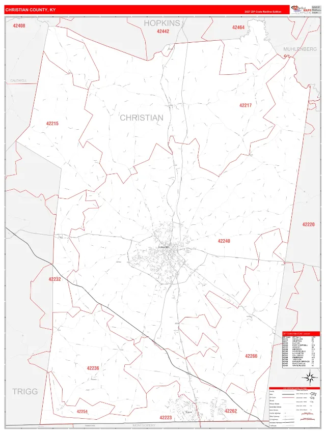 Christian County, KY ZIP Code Wall Map, RedLine style