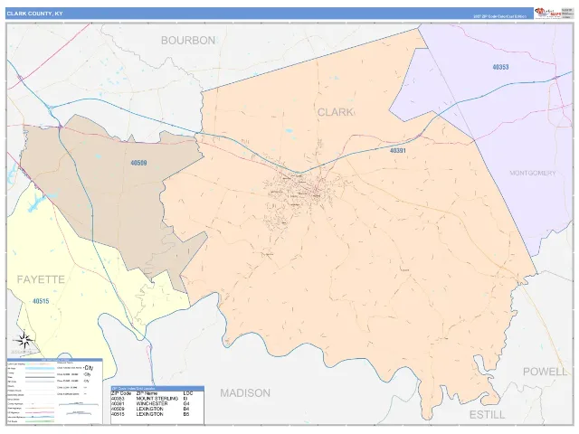 Clark County, KY ZIP Code Wall Map, ColorCast style