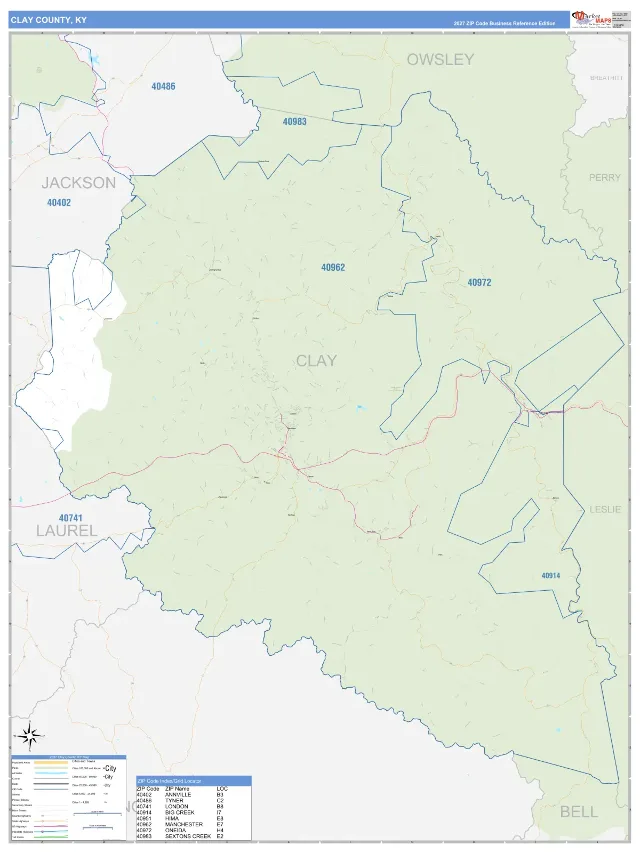 Clay County, KY ZIP Code Wall Map, Business Reference style