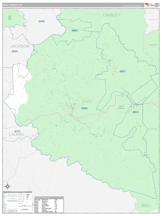 Clay County, KY ZIP Code Wall Map, Classic style