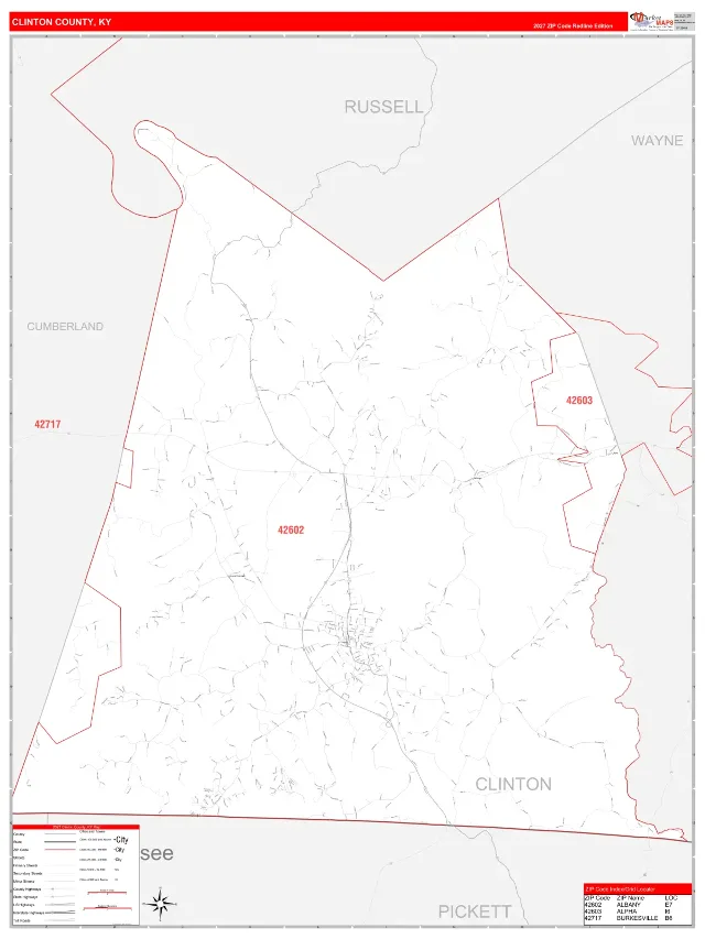 Clinton County, KY ZIP Code Wall Map, RedLine style