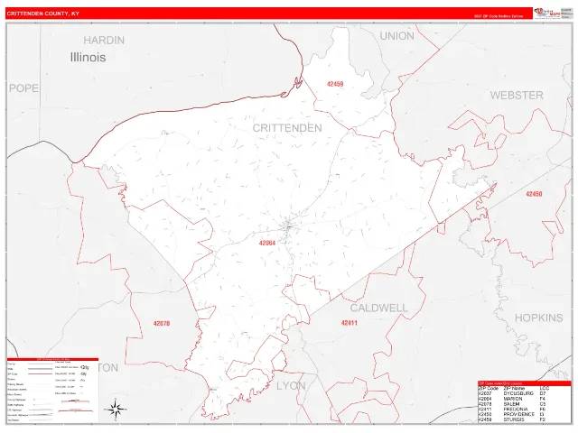 Crittenden County, KY ZIP Code Wall Map, RedLine style